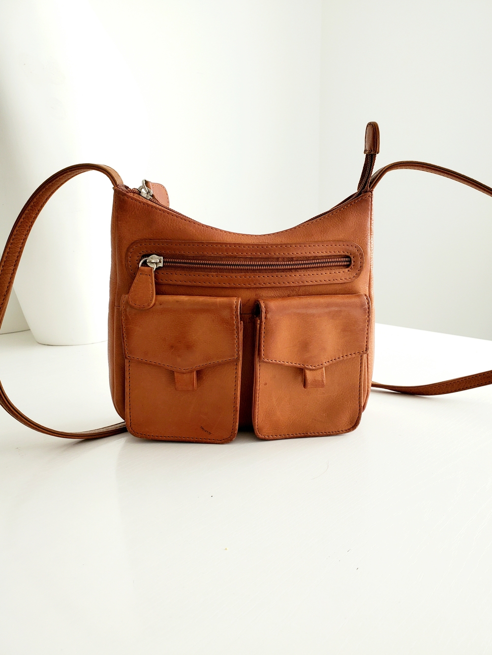 Leather Crossbody Bag in Tan - Dual Front Pockets- Y2k
